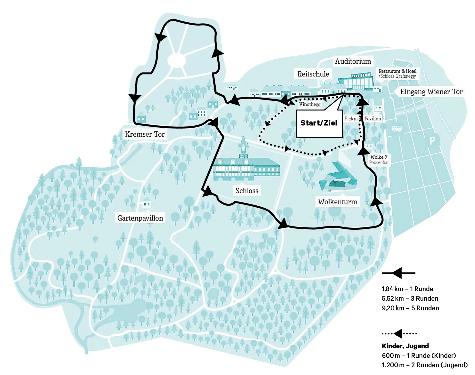 Streckenplan: Rundkurs durch den Schlosspark mit Start und Ziel beim Wolkenturm. 1,84 km = 1 Runde, 5,52 km = 3 Runden, 9,2 km = 5 Runden. Kinderstrecke 600 m = 1 Runde, 1.200 m = 2 Runden.
